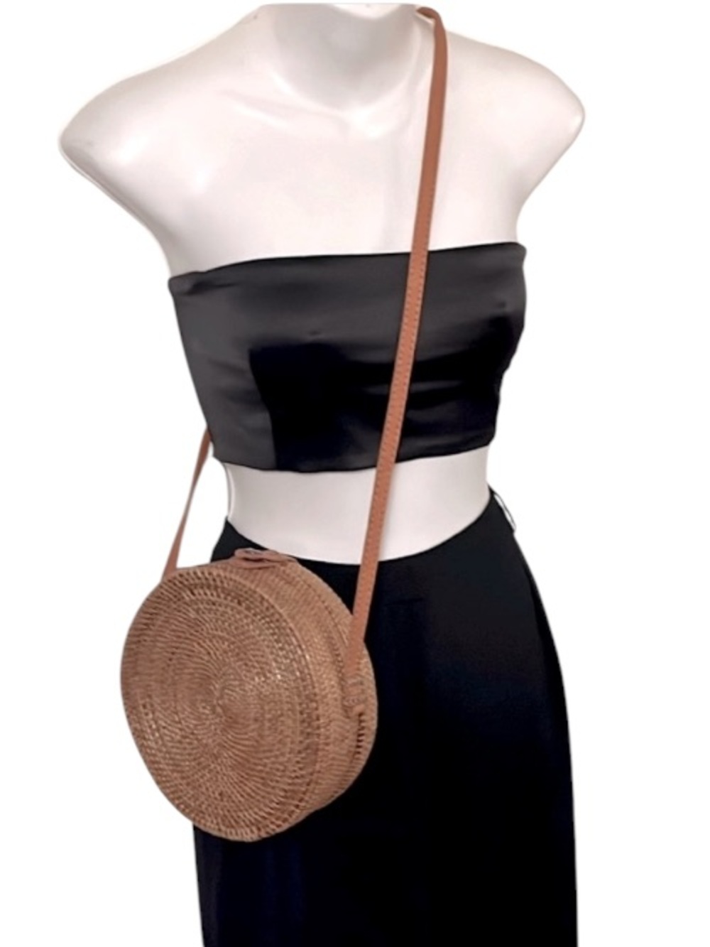 American Circle Cognac Brown Woven Rattan Straw Crossbody Leather Strap Bag